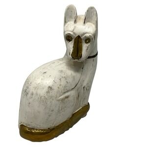 Vintage White & Gold Brass Carved Wood Cat Sculpture Hollywood‎ Regency MCM